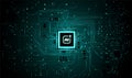 Abstract circuit bg. Glowing AI chip, board lines. Digital vector computer tech, CPU data. Microchip design, electronic processor Royalty Free Stock Photo