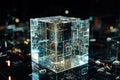 Abstract Circuit Board Cube, Glowing Electronic Components on Dark Backdrop, Technology Concept Royalty Free Stock Photo