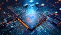 Abstract circuit board and digital microchip CPU technology background with futuristic binary integration Royalty Free Stock Photo
