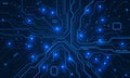 Abstract circuit board technology connected blue lines with electronics elements computer motherboard chip processor semiconductor
