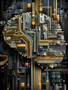 Abstract Circuit Board Transforms Into Brain Shape With Metallic Colors Illustrating Connections and Technology