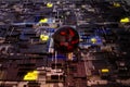 Abstract circuits connection, futuristic city scape and transportation