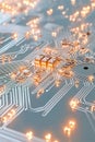 Abstract circuits glow with orange light, representing complex space technologies, advanced electronics, and future innovation on Royalty Free Stock Photo