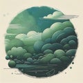 Abstract circular design with layered lines and dots in green hues
