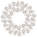 Abstract circular frame border Outline Disposable cups Coffee bean or heart shape on label Copyspace Royalty Free Stock Photo