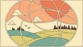 Abstract Circular Landscape with Mountains, Sun, and River, vector design Generative AI Royalty Free Stock Photo