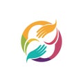 Abstract Circular Logo with Hands and Colorful Segments for Teamwork or Charity Royalty Free Stock Photo