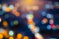 Abstract city lights blur blinking background. Soft focus horizontal long banner. Bokeh sparkles colorful defocused on dark Royalty Free Stock Photo