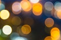 Abstract city lights blur blinking background. Soft focus horizontal long banner. Bokeh sparkles colorful defocused on dark Royalty Free Stock Photo