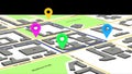 3d illustration of a route with colored markers on an abstract city map.