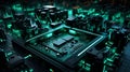 Abstract cityscape of 3d motherboard components in black and vibrant neon turquoise colors