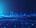 Abstract Cityscape Glowing Blue Particles Network Data Visualization Backdrop Royalty Free Stock Photo