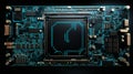 Abstract cityscape of motherboard components in 3d with black and neon turquoise tones