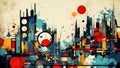 Abstract cityscape painting with vibrant colors and geometric shapes