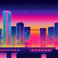 Abstract of cityscape in retrowave city pop style, modern cyberpunk