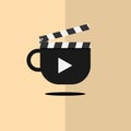 Abstract Clapperboard and play button on coffee cup flat vector design isolated on background. Concept of life style