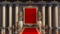 Abstract classical background with golden frame for product display, golden blanc frame with red carpet and barriers,