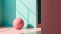 abstract minimalistic composition scene with pink gloss ball on pastel pink horizontal surface near pastel green wall