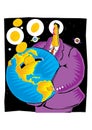 Abstract Clipart of A businessman saves gold coins inside the globe as Earth bank