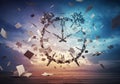 Abstract Clock Made of Books and Papers Flying in a Whirlwind at Sunset Royalty Free Stock Photo