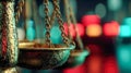 Abstract close-up of bronze justice scales on a blue surface with glowing bokeh background Royalty Free Stock Photo