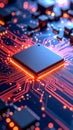 Abstract close up of a computer chip with glowing circuits and lights Royalty Free Stock Photo