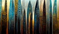 An abstract close up of detailed pattern sword blade designs forming a beautiful medieval viking celtic druid style background.