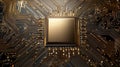 Abstract close-up of a gold circuit board with a central processor. A futuristic and technological design