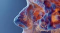 Abstract close-up of a human face merged with vibrant, complex neural patterns, showcasing the intricate connection between mind