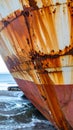 Abstract Close Up of Severely Rusted Side of a Decaying Ship Hull on Sandy Shore Royalty Free Stock Photo
