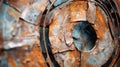 An abstract close-up shot of a recycled metal sculpture, capturing its weathered and rusted surface.