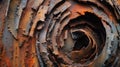 An abstract close-up shot of a recycled metal sculpture, capturing its weathered and rusted surface.