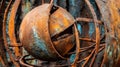 An abstract close-up shot of a recycled metal sculpture, capturing its weathered and rusted surface.