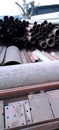 Abstract close up of a stack of steel pipes