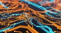 Abstract Close-up of Glowing Orange and Blue Circuit Board Traces technology electronic Royalty Free Stock Photo