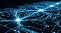 Abstract Blue Circuit Board with Glowing Nodes and Connections technology electronics Royalty Free Stock Photo