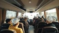 Abstract closeup back of people sitting in bus on trip tourist travel with hair, woman girl sunglasses couple. Stock