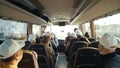 Abstract closeup back of people sitting in bus on trip tourist travel with hair, woman girl sunglasses couple. Stock