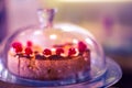 Abstract closeup cakes stand under glass cover, decorated in cafe