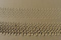 Abstract closeup four wheel drive tire imprints in wet sand closeup