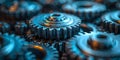 Abstract closeup of interconnected metal cogs and gears representing digital technology and