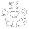 Abstract cloud animals in the sky, outlined vector illustrations set