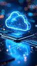 Abstract cloud computing concept with glowing circuit board and data visualization Royalty Free Stock Photo