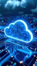 Abstract cloud computing concept with glowing circuit board and digital data Royalty Free Stock Photo