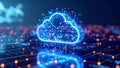 Abstract cloud computing concept with glowing digital data and circuit board design. Royalty Free Stock Photo