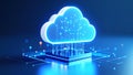 Abstract cloud computing concept with a glowing cloud icon and digital data transfer. Royalty Free Stock Photo