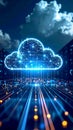 Abstract cloud computing concept with glowing lines and data transfer Royalty Free Stock Photo