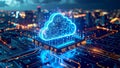 Abstract cloud computing concept with illuminated cloud symbol and circuit board. Royalty Free Stock Photo