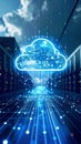 Abstract cloud computing concept with server racks and data transfer lines Royalty Free Stock Photo