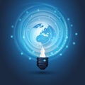 Abstract Cloud Computing, Electric and Global Network Connections Concept Design with Earth Globe Inside a Glowing Light Bulb and Royalty Free Stock Photo